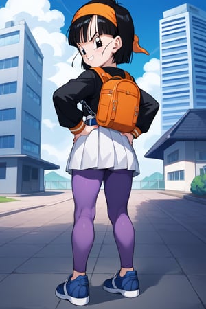 source_anime, score_9, score_8_up, score_7_up, anime screenshot, 8k, absurd resolution, pan \(dragon ball\), 1 girl, solo, looking at viewer, smile, 1 girl, pan, black hair, medium hair, black eyes, black shirt, long sleeves, sailor collar, school uniform, serafuku, white skirt, tomoeda school uniform, blue buruma, blue bag, from behind, black eyes, blue sky, hand on hip, chain, backpack, cloudy sky, building, hands on waist, orange headband, female child, blue shoes, closed hands, belt, bangs, nails, purple leggings, v-shaped eyebrows, sneakers