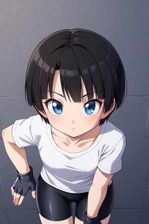 VidelShortHair, black hair, 1girl, blue eyes, fingerless gloves, short hair, white shirt, black gloves, bike shorts, collarbone