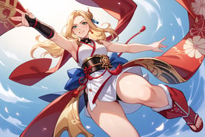 score_9, score_8_up, score_7_up, score_6_up, source_anime, perfect anatomy //characters,A character based on Kisara from Tales of Arise wearing a traditional Japanese-inspired outfit. She has long, flowing blonde hair with a confident expression, similar to her original style. The outfit is a fusion of floral kimono patterns and samurai armor, featuring a sleeveless top with intricate red detailing and gold accents. The character wears thigh-high boots with red sandals, and her look combines elegance and readiness for battle. exuding strength and determination. The color scheme balances reds, golds, and floral designs, with a modern yet traditional aesthetic. perfect hands, beautiful hands, cowboy photo, from below, dynamic pose, dynamic angle,