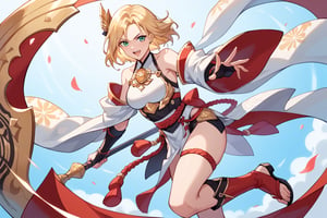 score_9, score_8_up, score_7_up, score_6_up, source_anime, perfect anatomy //characters,A character based on Kisara from Tales of Arise wearing a traditional Japanese-inspired outfit. She has long, flowing blonde hair with a confident expression, similar to her original style. The outfit is a fusion of floral kimono patterns and samurai armor, featuring a sleeveless top with intricate red accents and gold details. The character wears thigh-high boots with red sandals, and her look combines elegance and battle readiness. She holds a large, ornate shield and a mace, exuding strength and determination. The color scheme balances reds, golds, and floral designs, with a modern yet traditional aesthetic. perfect hands, pretty hands, cowboy shot, from bottom, dynamic pose, dynamic angle,