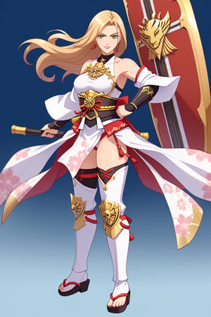 A character based on Kisara from Tales of Arise wearing a traditional Japanese-inspired outfit. She has long, flowing blonde hair with a confident expression, similar to her original style. The outfit is a fusion of floral kimono patterns and samurai armor, featuring a sleeveless top with intricate red accents and gold details. The character wears thigh-high boots with red sandals, and her look combines elegance and battle readiness. She holds a large, ornate shield and a mace, exuding strength and determination. The color scheme balances reds, golds, and floral designs, with a modern yet traditional aesthetic.