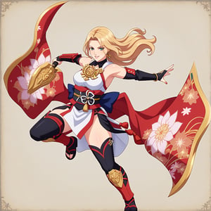 A character based on Kisara from Tales of Arise wearing a traditional Japanese-inspired outfit. She has long, flowing blonde hair with a confident expression, similar to her original style. The outfit is a fusion of floral kimono patterns and samurai armor, featuring a sleeveless top with intricate red accents and gold details. The character wears thigh-high boots with red sandals, and her look combines elegance and battle readiness. She holds a large, ornate shield and a mace, exuding strength and determination. The color scheme balances reds, golds, and floral designs, with a modern yet traditional aesthetic.