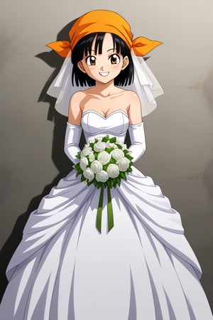 ((masterpiece,best quality)), absurdres, BREAK, , , zzPan, black hair, short hair, bandana, , BREAK, bride, wedding dress, bridal veil, strapless dress, elbow gloves, holding bouquet,, BREAK, solo, smile, looking at viewer, cowboy shot,