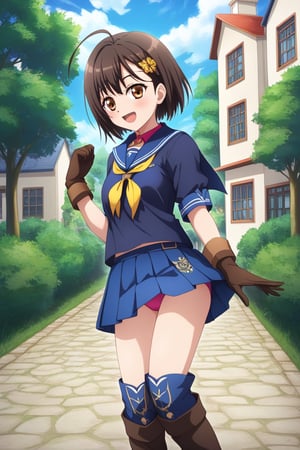 A character resembling Rinwell from 'Tales of Arise' is wearing a long-sleeved black school uniform inspired by Sakura Kinomoto from 'Cardcaptor Sakura'. The uniform includes a sailor-style collar, a dark blue scarf, and a white pleated skirt with pink buruma. Rinwell's original gloves and boots are retained, matching her new school outfit, giving her a magical and modern schoolgirl look. She is in a suburban anime-style setting with soft lighting, surrounded by houses and greenery, creating a peaceful yet fantastical scene."