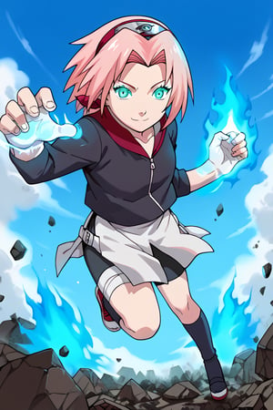 score_9,score_8_up,score_7_up,score_6_up,score_5_up,score_4_up,source_anime,Hinata Hyuga,smile,closed mouth,pink hair,medium hair,green eyes,forehead protector,konohagakure symbol,black shirt,long sleeves,sailor collar,school uniform,serafuku,white skirt,tomoeda school uniform,white buruma,thigh bandage,shoes,sneakers,socks,dark blue sky,large clouds,debris,debris in the air,glowing,glowing eyes,aura,blue energy,aura,juho shoshiken jutsu,blue energy on hands,blue fire,blue fire on hands,flaming eyes:0.8,RageModeV4XL,flaming eyes,eye trail