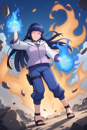 score_9,score_8_up, score_7_up, score_6_up, score_5_up,score_4_up,source_anime,Hinata Hyuga,smile,closed mouth,long hair,blunt bangs,dark blue hair,light eyes,forehead protector,konohagakure symbol,purple and white hooded jacket,fishnets,blue pants,holster,bandage on thigh,open sandals,dark blue sky,Big clouds,debris,debris in the air,glowing,glowing eyes,aura,blue energy,aura,juho shoshiken jutsu,blue energy in hands,blue fire,blue fire in hands ,flaming eyes:0.8,RageModeV4XL,flaming eyes,eye trail