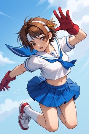 score_9, score_8_up, score_7_up, score_6_up, source_anime, perfect anatomy //characters, 1girl, solo, sakura kasugano, brown eyes, brown hair, short hair, midriff, stomach, navel, school uniform, shirt, white shirt, crop top, sailor collar, short sleeves, skirt, blue skirt, miniskirt, ankle socks, shoes, socks, sneakers, headband, white headband, gloves, red gloves, ,//situations, street ,//pose, syouryuken, uppercut, punch the sky , jumping, from above ,/LoRA, beautiful_female_fingers, perfect anatomy, correct number of fingers, 5_fingers, perfect hands, beautiful hands