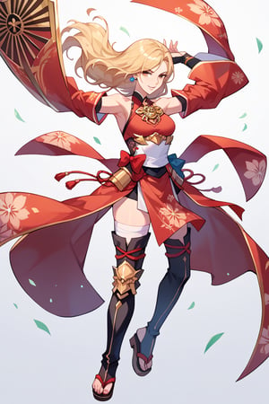 score_9, score_8_up, score_7_up, score_6_up, source_anime, perfect anatomy //characters, A character based on Kisara from Tales of Arise wearing a traditional Japanese-inspired outfit. She has long, flowing blonde hair with a confident expression, similar to her original style. The outfit is a fusion of floral kimono patterns and samurai armor, featuring a sleeveless top with intricate red accents and gold details. The character wears thigh-high boots with red sandals, and her look combines elegance and battle readiness. She holds a large, ornate shield and a mace, exuding strength and determination. The color scheme balances reds, golds, and floral designs, with a modern yet traditional aesthetic.