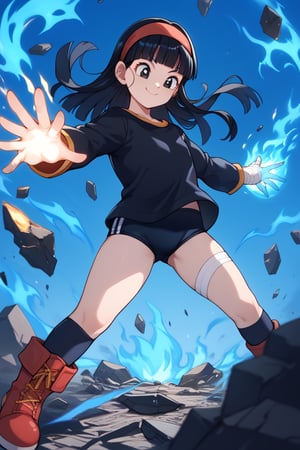 score_9,score_8_up,score_7_up,score_6_up,score_5_up,score_4_up,source_anime,pan,smile,closed mouth,long hair,blunt bangs,black hair,black eyes,red headband,black shirt,long sleeves,tight shirt,black buruma,thigh bandage,black boots,dark blue sky,big clouds,debris,debris in the air,glowing,glowing eyes,aura,blue energy,aura,juho shoshiken jutsu,blue energy in hands,blue fire,blue fire in hands,flaming eyes:0.8,RageModeV4XL,flaming eyes,eye trail