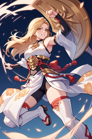 score_9, score_8_up, score_7_up, score_6_up, source_anime, perfect anatomy //characters,A character based on Kisara from Tales of Arise wearing a traditional Japanese-inspired outfit. She has long, flowing blonde hair with a confident expression, similar to her original style. The outfit is a fusion of floral kimono patterns and samurai armor, featuring a sleeveless top with intricate red accents and gold details. The character wears thigh-high boots with red sandals, and her look combines elegance and battle readiness. She holds a large, ornate shield and a mace, exuding strength and determination. The color scheme balances reds, golds, and floral designs, with a modern yet traditional aesthetic.  perfect hands, pretty hands, cowboy shot, from bottom, dynamic pose, dynamic angle,