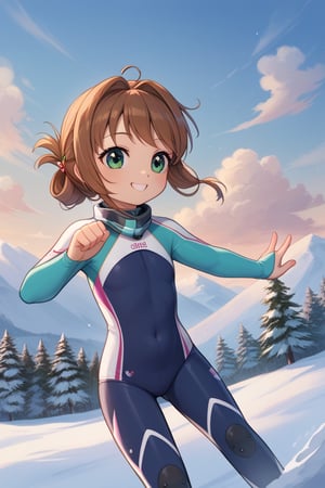 score_9,score_8_up,score_7_up,source_anime, ,//characters, 1girl, Sakura Kinomoto \(kancolle\), brown hair, folded ponytail, long hair, green eyes, (((1girl, flat chest, loli))), ,//situations, outdoor, snow, sky, blue_sky, cloud, ski resorts ,//pose, (((skiing))), ski outfit, smile, ,/LoRA, beautiful_female_fingers, perfect anatomy, pretty hands, expressive, concept art, reset_Kalar, furuderika_pony, totori_pony, tillday_shape, Urza_Planeis,