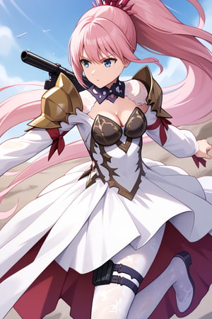 masterpiece, best quality, high resolution, shionne1, ponytail, 1 girl, solo, shoulder armor, dress, very long hair, thigh strap, white dress, cleavage, shoulder pads, white tights, medium breasts, bangs, loose sleeves, standing, cowboy shooting, holding gun, rifle, jumping, attacking stance.