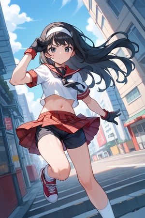 score_9, score_8_up, score_7_up, source_anime, 1 girl, Pan, black hair, long hair, black eyes, ankle socks, red plaid skirt, crop top, headband, belly, miniskirt, belly button, school uniform, shoes, short sleeves, skirt, sneakers, socks, belly, shirt, red shirt, white headband, gloves, black gloves, black shorts, outdoors, cityscape, looking at viewer, streets, leg up, leg half raised, fighting stance, cowboy shot, dutch angle,