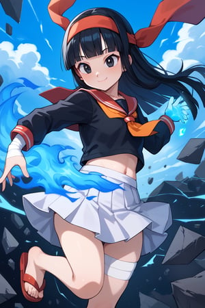 score_9,score_8_up,score_7_up,score_6_up,score_5_up,score_4_up,source_anime,pan,smile,closed mouth,long hair,blunt bangs,black hair,black eyes,red headband,,black shirt,long sleeves,sailor collar,school uniform,serafuku,white skirt,tomoeda school uniform,white buruma,thigh bandage,open sandals,dark blue sky,large clouds,debris,debris in the air,shiny,shiny eyes,aura,blue energy,aura,juho shoshiken jutsu,blue energy in hands,blue fire,blue fire in hands,flaming eyes:0.8,RageModeV4XL,flaming eyes,eye trail