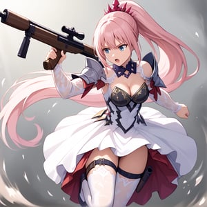 masterpiece, best quality, high resolution, shionne1, ponytail, 1 girl, solo, shoulder armor, dress, very long hair, thigh strap, white dress, cleavage, shoulder pads, white tights, medium breasts, bangs, loose sleeves, standing, cowboy shooting, holding gun, rifle, jumping, attacking stance.