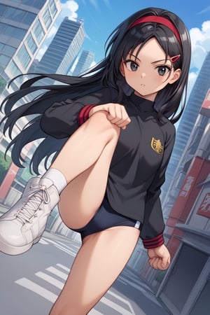 score_9, score_8_up, score_7_up, source_anime, Rinwell, black hair, black eyes, hair clip, parted bangs, long hair, red headband, black shirt, long sleeves, saiyajun uniform, black buruma, outdoors, cityscape, looking at viewer, streets, leg up, leg half raised, fighting stance, cowboy shot, dutch angle,