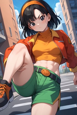 score_9, score_8_up, score_7_up, source_anime, pan, 1girl, solo, black eyes, black hair, medium hair, bangs, orange headband, crop top, turtleneck, red jacket, short jacket, green shorts, belt, outdoors, cityscape, looking at viewer, streets, leg up, leg half raised, fighting stance, cowboy shot, dutch angle,