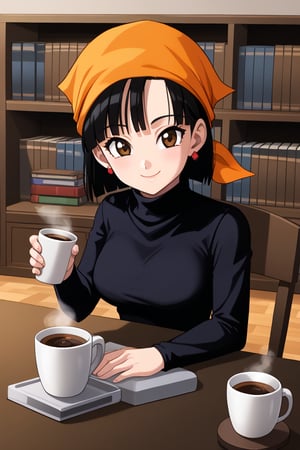 ((masterpiece,best quality)), absurdres, BREAK, , , zzPan, black hair, short hair, bandana, , BREAK, turtleneck sweater, earrings, library, cup of coffee, sitting at table, BREAK, solo, smile, looking at viewer, cowboy shot,