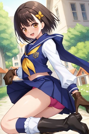 A character resembling Rinwell from 'Tales of Arise' is wearing a long-sleeved black school uniform inspired by Sakura Kinomoto from 'Cardcaptor Sakura'. The uniform includes a sailor-style collar, a dark blue scarf, and a white pleated skirt with pink buruma. Rinwell's original gloves and boots are retained, matching her new school outfit, giving her a magical and modern schoolgirl look. She is in a suburban anime-style setting with soft lighting, surrounded by houses and greenery, creating a peaceful yet fantastical scene."