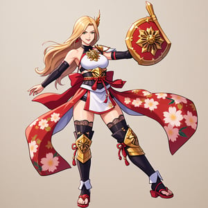 A character based on Kisara from Tales of Arise wearing a traditional Japanese-inspired outfit. She has long, flowing blonde hair with a confident expression, similar to her original style. The outfit is a fusion of floral kimono patterns and samurai armor, featuring a sleeveless top with intricate red accents and gold details. The character wears thigh-high boots with red sandals, and her look combines elegance and battle readiness. She holds a large, ornate shield and a mace, exuding strength and determination. The color scheme balances reds, golds, and floral designs, with a modern yet traditional aesthetic.