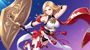 A character based on Kisara from Tales of Arise wearing a traditional Japanese-inspired outfit. She has long, flowing blonde hair with a confident expression, similar to her original style. The outfit is a fusion of floral kimono patterns and samurai armor, featuring a sleeveless top with intricate red accents and gold details. The character wears thigh-high boots with red sandals, and her look combines elegance and battle readiness. She holds a large, ornate shield and a mace, exuding strength and determination. The color scheme balances reds, golds, and floral designs, with a modern yet traditional aesthetic.