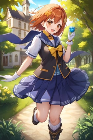 A character resembling Rinwell from 'Tales of Arise' is wearing a long-sleeved black school uniform inspired by Sakura Kinomoto from 'Cardcaptor Sakura'. The uniform includes a sailor-style collar, a dark blue scarf, and a white pleated skirt. Rinwell's original gloves and boots are retained, matching her new school outfit, giving her a magical and modern schoolgirl look. She is in an anime-style suburban setting with soft lighting, surrounded by houses and greenery, creating a peaceful yet fantastical scene."