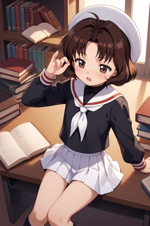 score_9, score_8_up, score_7_up, ,//RikaSasaki, 1990s style, brown hair, short hair, bob cut, brown eyes, flat chest, tiny body, school uniform, black blouse, white sailor collar, white skirt, short skirt, hat, white hat ,//situations, lLibrary ,//pose, sitting in a chair, putting his face on the desk, reading a book, sleeping, drooling ,/LoRA, beautiful_female_fingers, (4_fingers and 1thumb on hand), (correct number of fingers), (beautiful hands), perfect anatomy,