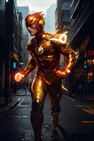 the Kid Flash running up the side of a building, sprinting, side view, orange trails trailing behind the Kid flash, orange speedforce vfx around him, realistic, detailed, ultra detailed realistic illustration, Yellow futuristic suit, male, flame red hair, mask on, cowl on, man, full body view, side view, full body visible, ultra high definition, 8k, 16K unreal engine 5, ultra sharp focus, highly detailed, vibrant, cinematic production character rendering, very high quality model, full body, hyper detailed photography, soft light, ultra detailed, detailed face, detailed 