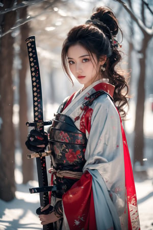 1girl,Sweet,, ,full body ,large breasts,The background is winter,snowy garden,1 girl,beautiful girl,Female Samurai, Holding a Japanese Sword, shining bracelet,beautiful hanfu(white, transparent),cape, solo, {beautiful and detailed eyes}, calm expression, natural and soft light, delicate facial features,very small earrings, ((model pose)), Glamor body type, (dark hair:1.2),  beehive,long ponytail,very_long_hair, hair past hip, curly hair, flim grain, realhands, masterpiece, Best Quality, photorealistic, ultra-detailed, finely detailed, high resolution, perfect dynamic composition, beautiful detailed eyes, eye smile, ((nervous and embarrassed)), sharp-focus, full_body, sexy pose,cowboy_shot,Samurai girl,glowing forehead,lighting, Japanese Samurai Sword (Katana)