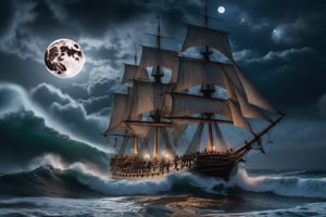 High quality picture, picture perfect, 8k, perfect details, an old sailing ship in the middle of the ocean on a stormy night with big waves, but the sailing ship is very big and can withstand the big waves, wooden ship، Dream ship, very beautiful ship, fantasy ship، night ، big moon ،the milky way ، Cloud on the half moon،A very amazing and beautiful image