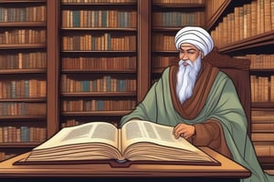 An image of a scholarly and wise personality like Ibn Sina and Farabi who are reading books in a big library with many books next to them, and make this image as a comic in the best way