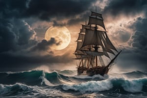 High quality picture, picture perfect, 8k, perfect details, an old sailing ship in the middle of the ocean on a stormy night with big waves, but the sailing ship is very big and can withstand the big waves, wooden ship، Dream ship, very beautiful ship, fantasy ship، night ، big moon ،the milky way ، Cloud on the half moon،A very amazing and beautiful image،foggy