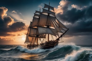High quality picture, picture perfect, 8k, perfect details, an old sailing ship in the middle of the ocean on a stormy night with big waves, but the sailing ship is very big and can withstand the big waves, wooden ship، Dream ship, very beautiful ship, fantasy ship، night ، big moon ،the milky way ، Cloud on the half moon،A very amazing and beautiful image،foggy،Ships behind