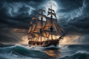 High quality picture, picture perfect, 8k, perfect details, an old sailing ship in the middle of the ocean on a stormy night with big waves, but the sailing ship is very big and can withstand the big waves, wooden ship، Dream ship, very beautiful ship, fantasy ship، night ، big moon ،the milky way ، Cloud on the half moon،A very amazing and beautiful image