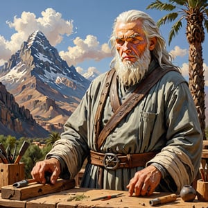 Realistic, award-winning, ultra-realistic, 8k, a burly 60-year-old (((Sage))) is a prophet in building Noah's ark. He has completely white hair, a face similar to the great Islamic scholars like Ibn Sina, and wears a pre-medieval black and gray dress with a high collar. who is building a ship next to a mountain and palm trees, (several tools from an old saw and a woodworking table) masterpiece, incredibly detailed, dynamic poses, attractive, amazing, great, detailed face, heavenly, very beautiful, painting Digital, art enhancement - see below