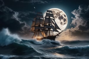 High quality picture, picture perfect, 8k, perfect details, an old sailing ship in the middle of the ocean on a stormy night with big waves, but the sailing ship is very big and can withstand the big waves, wooden ship، Dream ship, very beautiful ship, fantasy ship، night ، big moon ،the milky way ، Cloud on the half moon،A very amazing and beautiful image