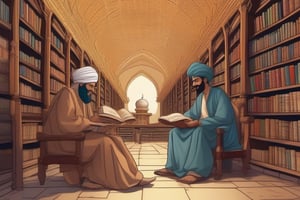 An image of a scholarly and wise personality like Ibn Sina and Farabi who are reading books in a big library with many books next to them, and make this image as a comic in the best way