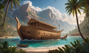 A really beautiful scene, a masterpiece, excellent quality 8k, the center of the image is the great Noah's Ark being built between the slopes of the mountains, and next to the ship is an old and strong carpenter, a man with a white beard and long white hair, and many palm trees next to the ship. The scene is very beautiful, the scene tells about the construction of a strong old man and the carpentry of a large wooden ark of the Prophet Noah.