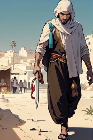 I want you to create a comic picture of a Bedouin Arab character walking in the bazaar of an Arab city in the best possible way for me.
,1boy_A Yemeni dagger, a camel and some palm trees on the side of the road