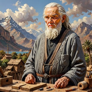 Realistic, award-winning, ultra-realistic, 8k, a 90-year-old strong old man (((Sage))) who is a prophet in building Noah's ark. He has completely white hair, a face similar to the great Islamic scholars like Ibn Sina, and wears a pre-medieval black and gray dress with a high collar. who is building a ship next to a mountain and palm trees, (several tools from an old saw and a woodworking table) masterpiece, incredibly detailed, dynamic poses, attractive, amazing, great, detailed face, heavenly, very beautiful, painting Digital, art enhancement - see below