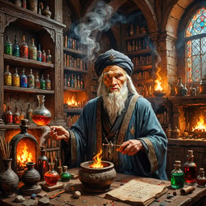 Realistic, award-winning, ultra-realistic, 8k, a 90-year-old traditional healer (((Sage))) making potions in his study. He has completely white hair, has a face similar to the great Islamic scholars like Ibn Sina, wears a turban, and wears a black and gray medieval dress with a high collar. that lights up an old castle room in Syria, (several brightly colored potion ampoules) on the shelves and a large fireplace (Fireplace: 0.5) that lights the room with a living flame. Masterpiece, Super Detailed, Dynamic Poses, Fascinating, Amazing, Awesome, Detailed Face, Celestial, Very Beautiful, Digital Painting, Art Enhancer
