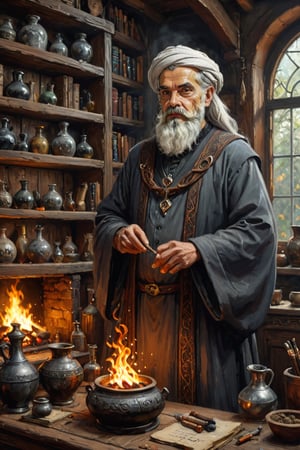 Realistic, award-winning, ultra-realistic, 8k, a 90-year-old (((sage))) traditional healer making potions in his study. He has completely white hair and wears a black and gray medieval dress with a high collar. He wears an Arabic turban and has a rather long white beard. light colored potion) on the shelves and a large fireplace (fireplace: 1.6) that lights the room with a living flame. Masterpiece, Super Detailed, Dynamic Poses, Fascinating, Amazing, Awesome, Detailed Face, , Celestial, Very Fine, Digital Painting, Art Enhancer