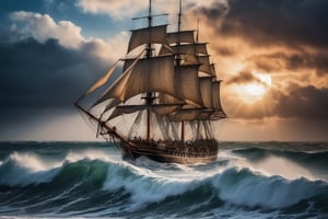 High quality picture, picture perfect, 8k, perfect details, an old sailing ship in the middle of the ocean on a stormy night with big waves, but the sailing ship is very big and can withstand the big waves, wooden ship، Dream ship, very beautiful ship, fantasy ship، night ، big moon ،the milky way ، Cloud on the half moon،A very amazing and beautiful image،foggy،Ships behind ،Ancient Arabic sailing ships