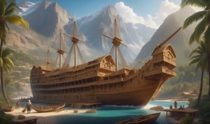 A really beautiful scene, a masterpiece, excellent quality 8k, the center of the image is the great Noah's Ark being built between the slopes of the mountains, and next to the ship is an old and strong carpenter, a man with a white beard and long white hair, and many palm trees next to the ship. The scene is very beautiful, the scene tells about the construction of a strong old man and the carpentry of a large wooden ark of the Prophet Noah.