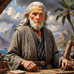 Realistic, award-winning, ultra-realistic, 8k, a 90-year-old strong old man (((Sage))) who is a prophet in building Noah's ark. He has completely white hair, a face similar to the great Islamic scholars like Ibn Sina, and wears a pre-medieval black and gray dress with a high collar. who is building a ship next to a mountain and palm trees, (several tools from an old saw and a woodworking table) masterpiece, incredibly detailed, dynamic poses, attractive, amazing, great, detailed face, heavenly, very beautiful, painting Digital, art enhancement - see below