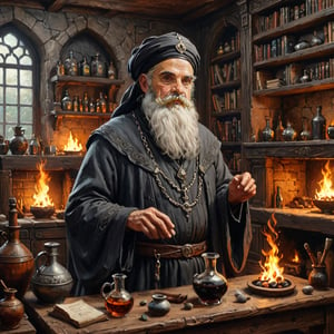 Realistic, award-winning, ultra-realistic, 8k, a 90-year-old (((sage))) traditional healer making potions in his study. He has completely white hair and wears a black and gray medieval dress with a high collar. He wears an Arabic turban and has a rather long white beard. light colored potion) on the shelves and a large fireplace (fireplace: 1.6) that lights the room with a living flame. Masterpiece, Super Detailed, Dynamic Poses, Fascinating, Amazing, Awesome, Detailed Face, , Celestial, Very Fine, Digital Painting, Art Enhancer
