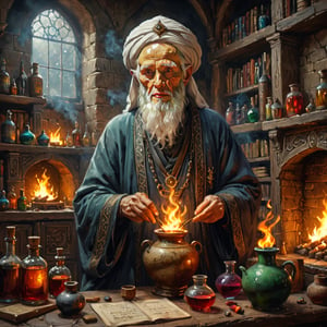 Realistic, award-winning, ultra-realistic, 8k, a 90-year-old traditional healer (((Sage))) making potions in his study. He has completely white hair, has a face similar to the great Islamic scholars like Ibn Sina, wears a turban, and wears a black and gray medieval dress with a high collar. that lights up an old castle room in Syria, (several brightly colored potion ampoules) on the shelves and a large fireplace (Fireplace: 1.6) that lights the room with a living flame. Masterpiece, Super Detailed, Dynamic Poses, Fascinating, Amazing, Awesome, Detailed Face, Celestial, Very Beautiful, Digital Painting, Art Enhancer
