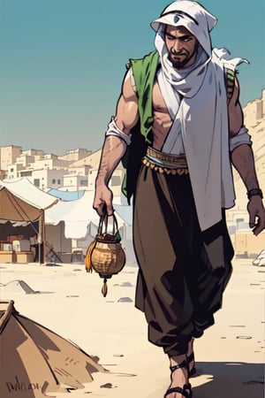 I want you to create a comic picture of a Bedouin Arab character walking in the bazaar of an Arab city in the best possible way for me.
,1boy
