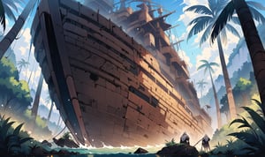 A really beautiful scene, a masterpiece, excellent quality, 8k, the center of the image is a large wooden ship being built between the slopes of the mountain and next to the ship is an old and strong man doing carpentry, a man with a white beard and long white hair, and many palm trees next to the ship. The scene is very beautiful, the scene tells of a strong old man building and carpentry of a large wooden ship Noah's ship