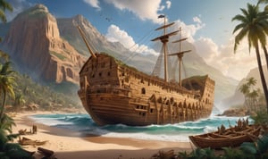 A really beautiful scene, a masterpiece, excellent quality 8k, the center of the image is the great Noah's Ark being built between the slopes of the mountains, and next to the ship is an old and strong carpenter, a man with a white beard and long white hair, and many palm trees next to the ship. The scene is very beautiful, the scene tells about the construction of a strong old man and the carpentry of a large wooden ark of the Prophet Noah. Prophet Noah's ark is on the sand